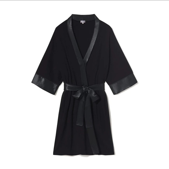 PJ Harlow Shala Knit Black Supima Cotton Blend Robe with Pockets & Satin Trim - Picture 1 of 12